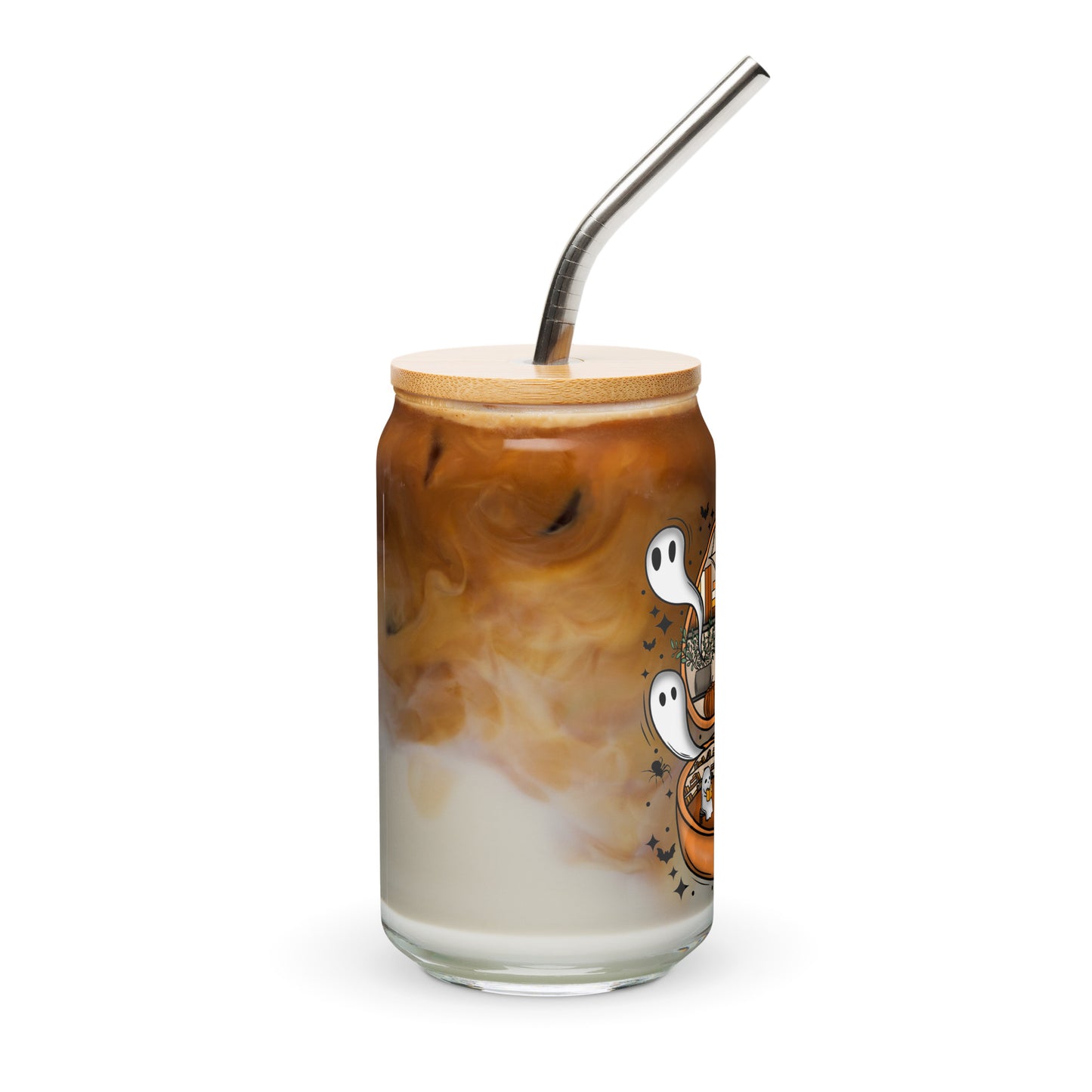 Haunted Library Spooky Ghost Iced Coffee Glass with lid and straw