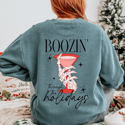 Boozing through the holidays crewneck sweatshirt, Drink and be Merry Christmas Sweatshirt, Christmas Eve Outfit, Funny Spooky Christmas, Holiday Party