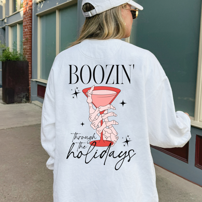 Boozing through the holidays crewneck sweatshirt, Drink and be Merry Christmas Sweatshirt, Christmas Eve Outfit, Funny Spooky Christmas, Holiday Party