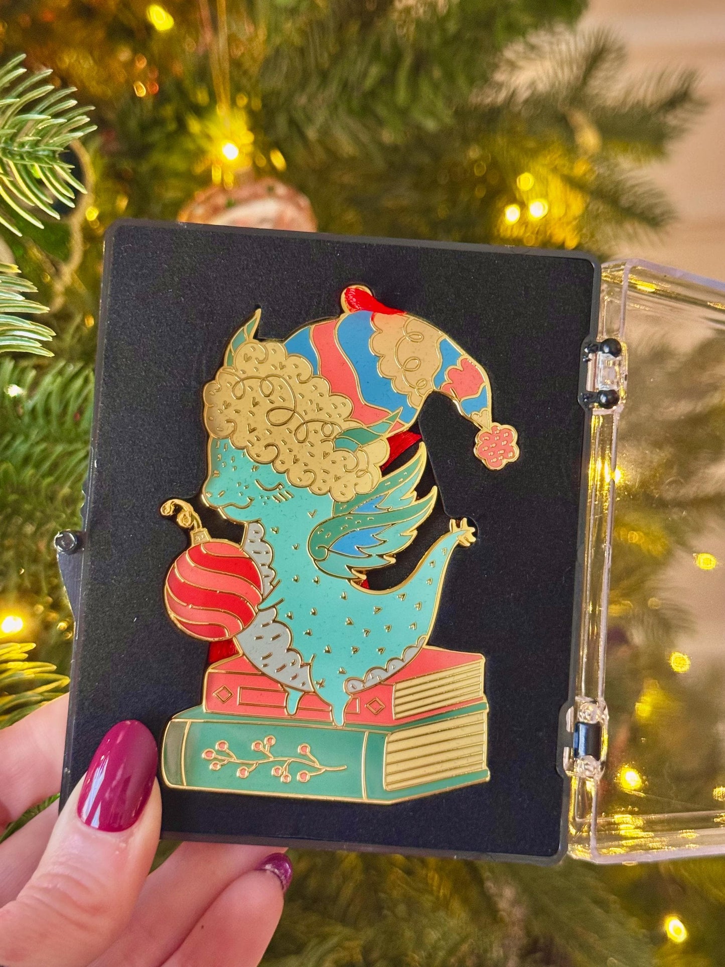 Bookish Dragon Christmas Tree Ornament, Gold Plated Enamel with gift box, Fantasy Reader Christmas Gifts, Holiday Stocking Stuffer