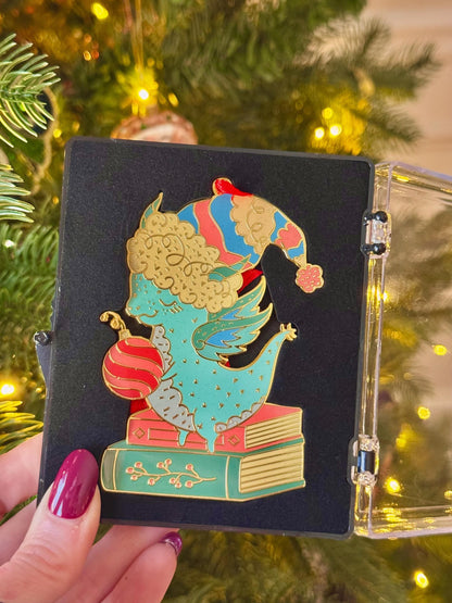 Bookish Dragon Christmas Tree Ornament, Gold Plated Enamel with gift box, Fantasy Reader Christmas Gifts, Holiday Stocking Stuffer
