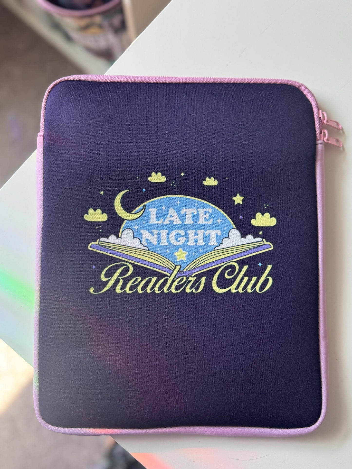 SMALL PRINTING IMPERFECTION Discounted Large Padded Book Sleeve with Zipper, Late Night Readers Club Book Pouch, Kindle Case, Reader Gifts