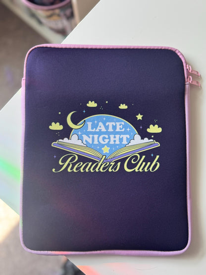 SMALL PRINTING IMPERFECTION Discounted Large Padded Book Sleeve with Zipper, Late Night Readers Club Book Pouch, Kindle Case, Reader Gifts