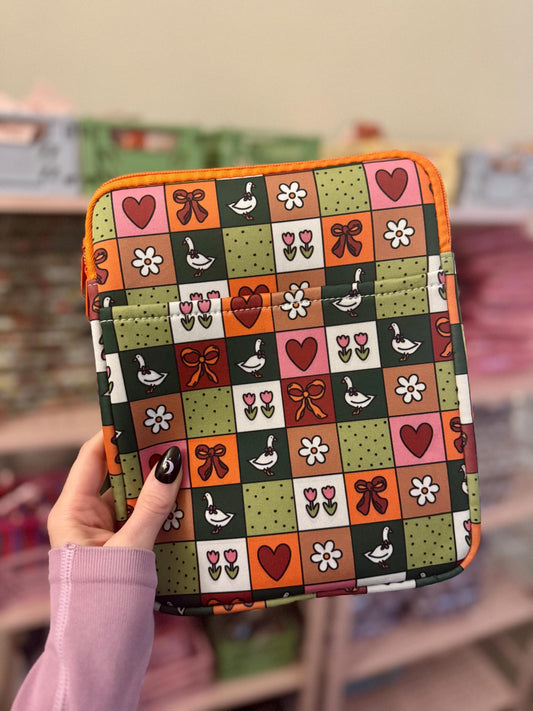 Padded Book Sleeve with Zipper, Coquette Goose Reading Pouch, Kindle Case, Gift for Reader,   Whimsical Patchwork Cottagecore