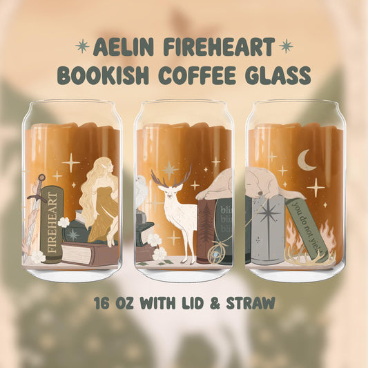 Aelin TOG Iced Coffee Glass, SJM Fan Gift, Fantasy Reader Coffee Tumbler, Lid and Straw, Terrasen Fireheart, White Stag Lord of the North
