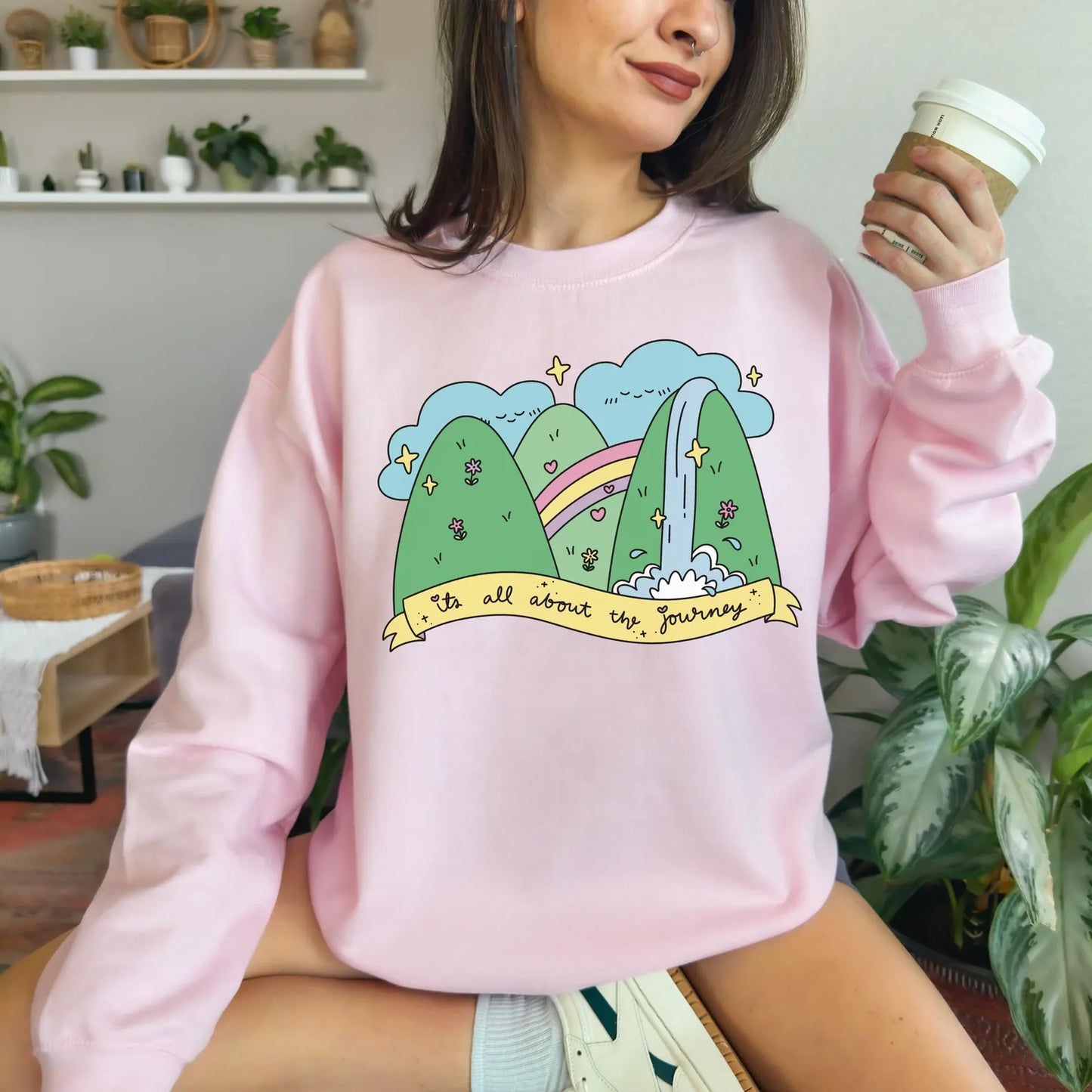 Positive Vibes Crewneck Sweatshirt, Cute Motivational Sweatshirt, Happy Cheerful Gifts, Quirky Trendy Kawaii art, It's All About the Journey