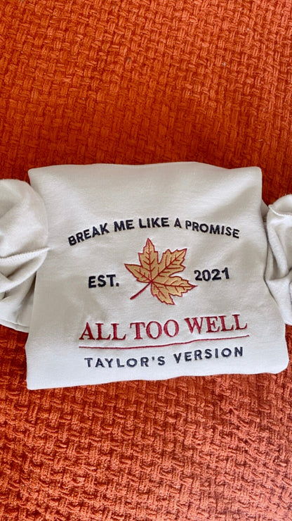 All Too Well Embroidered Sweatshirt | TS Merch | Swift Eras Tour Shirt | Red TV From the Vault | Red Scarf Jake | Taylor Crewneck Swift Gift