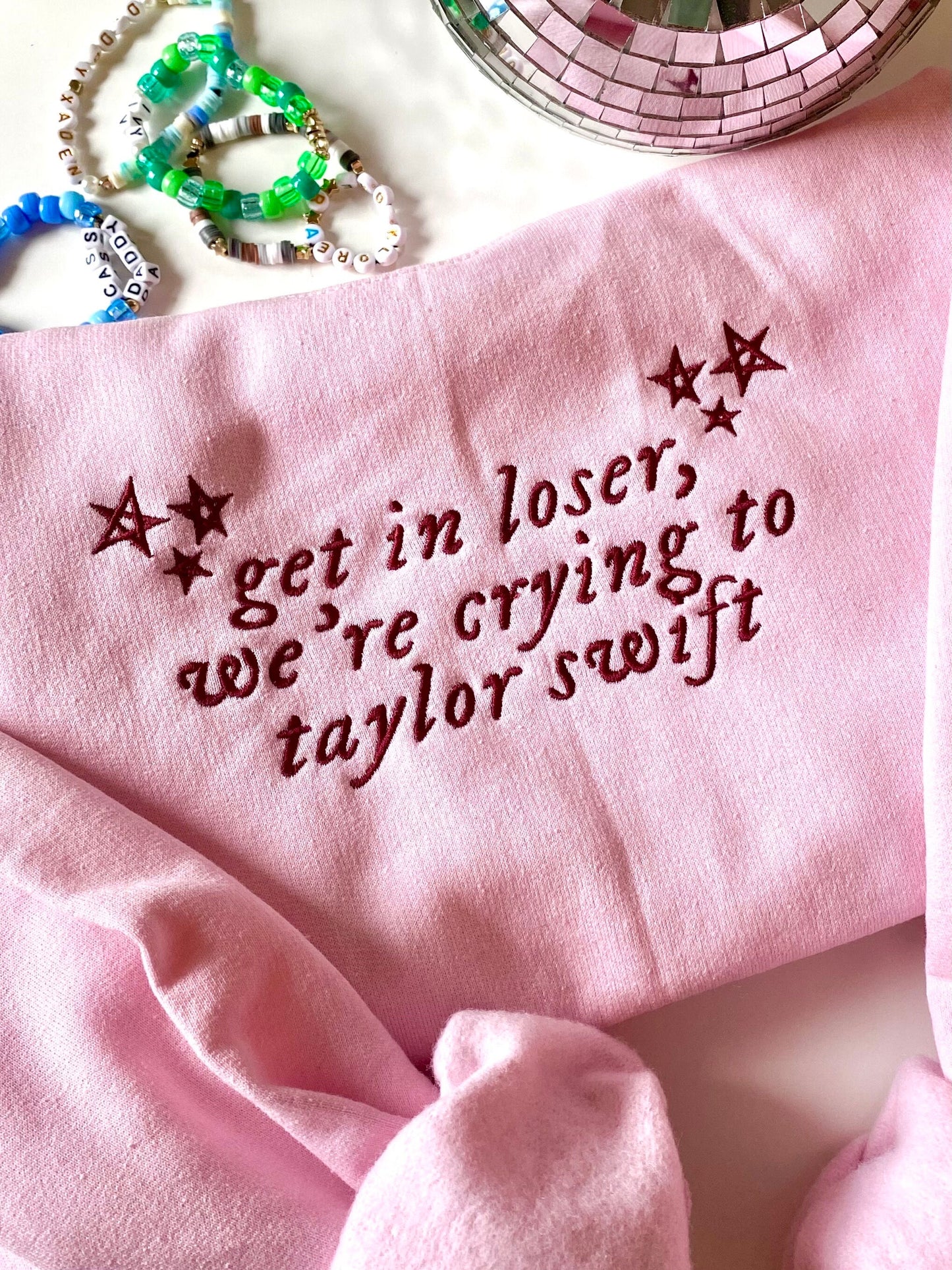 Get in Loser we're crying to TS Embroidered Crewneck | Eras Christmas Gift for Taylor Fans | Era Tour Outfit | Fan Made Merch