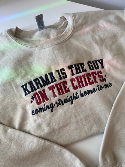 Karma is the Guy on the Chiefs Embroidered Sweatshirt | Taylor and Travis Merch | 87 Super bowl Sweatshirt | Girly Fall Game Day Outfit