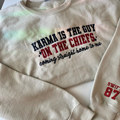 Karma is the Guy on the Chiefs Embroidered Sweatshirt | Taylor and Travis Merch | 87 Super bowl Sweatshirt | Girly Fall Game Day Outfit