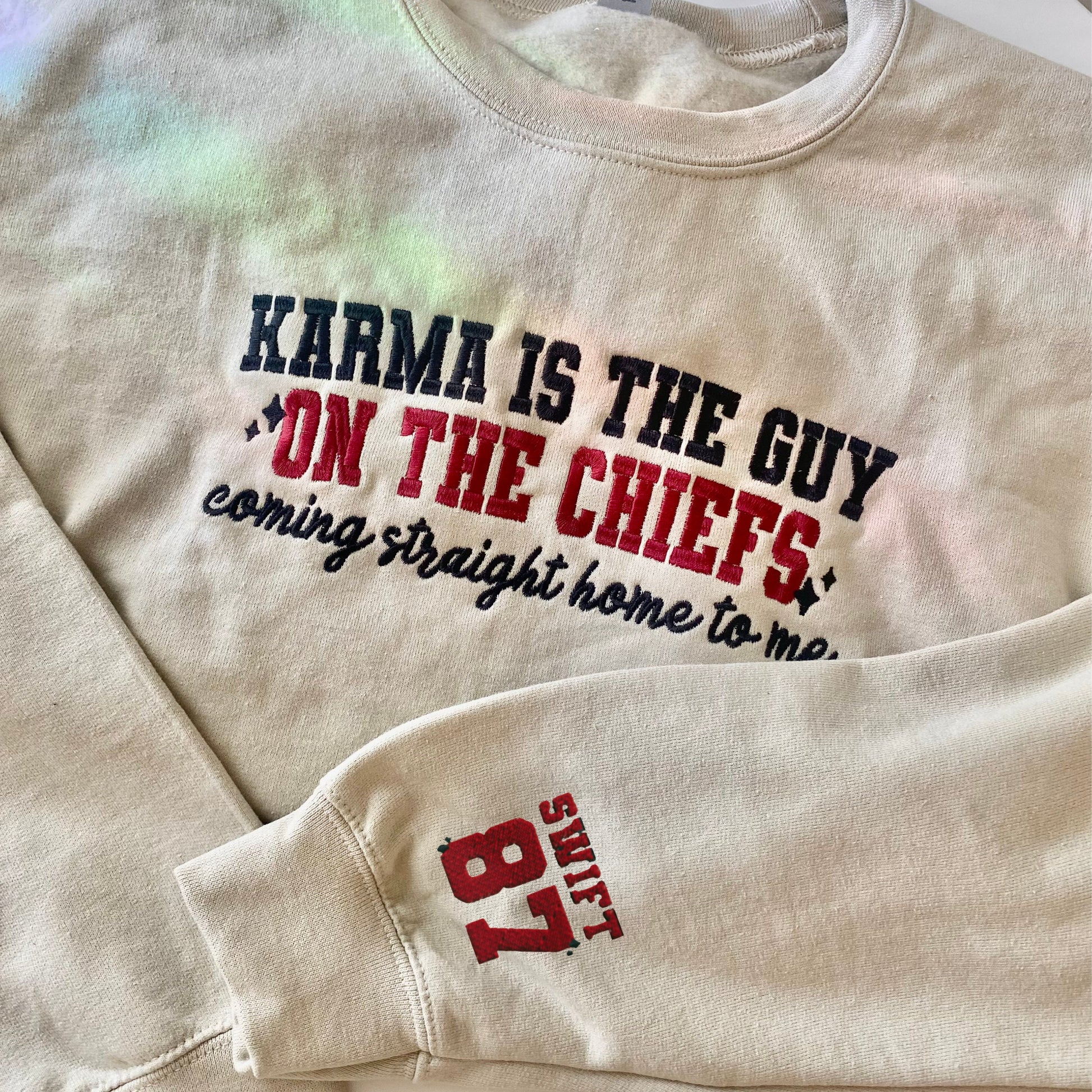 Karma is the Guy on the Chiefs Embroidered Sweatshirt | Taylor and Travis Merch | 87 Super bowl Sweatshirt | Girly Fall Game Day Outfit