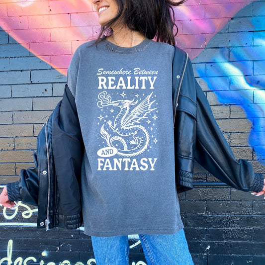 Somewhere between Fantasy and Reality Tshirt | Bookish Reader Shirt | Trendy Whimsical Bookworm Gift | Dragons and Fairys | Smut and Romance