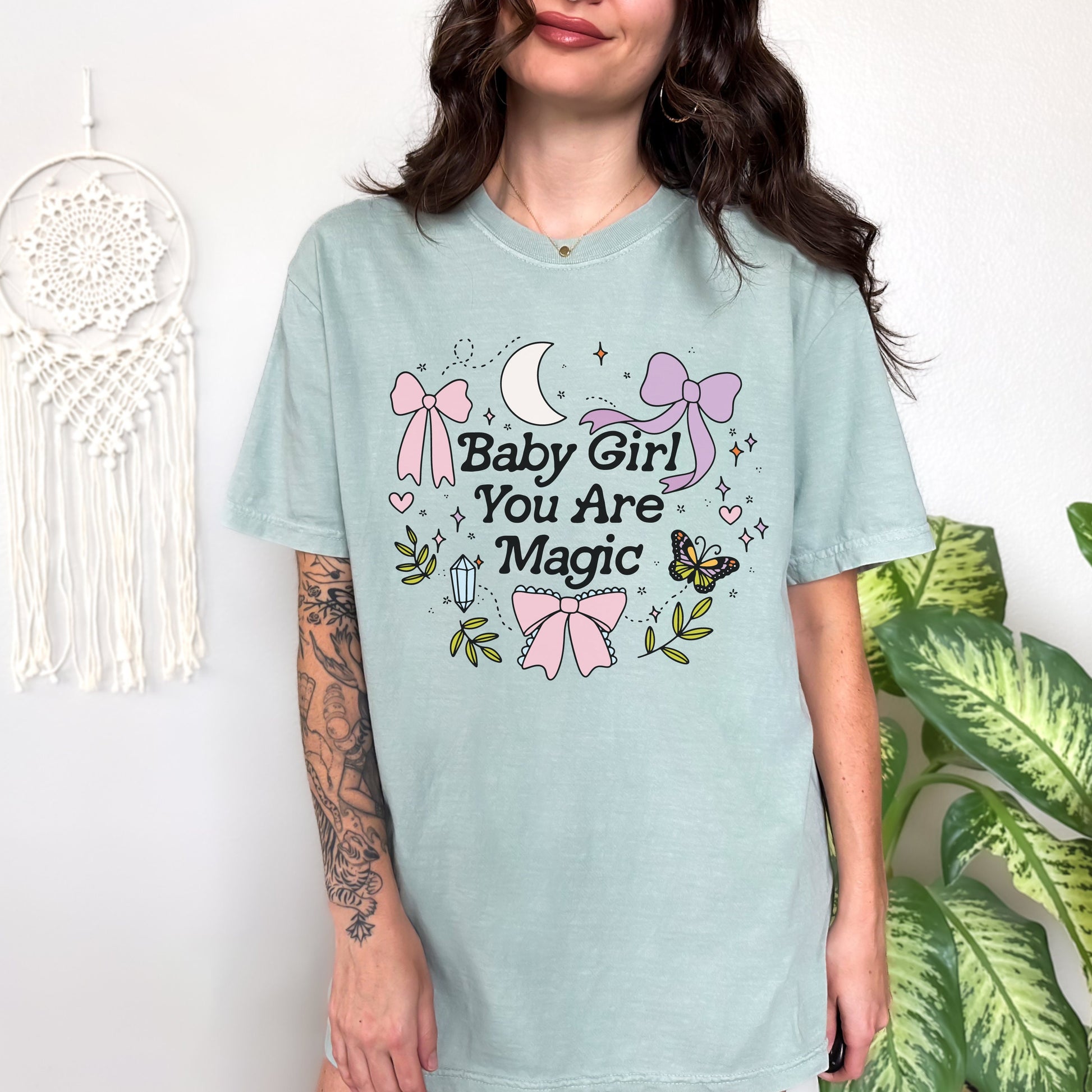 Baby Girl You are Magic Shirt | Coquette Girly Tee Shirt for Spring | Witchy Celestial Aesthetic | Trendy Shirts | Mystical Moon and Crystal