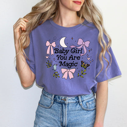 Baby Girl You are Magic Shirt | Coquette Girly Tee Shirt for Spring | Witchy Celestial Aesthetic | Trendy Shirts | Mystical Moon and Crystal