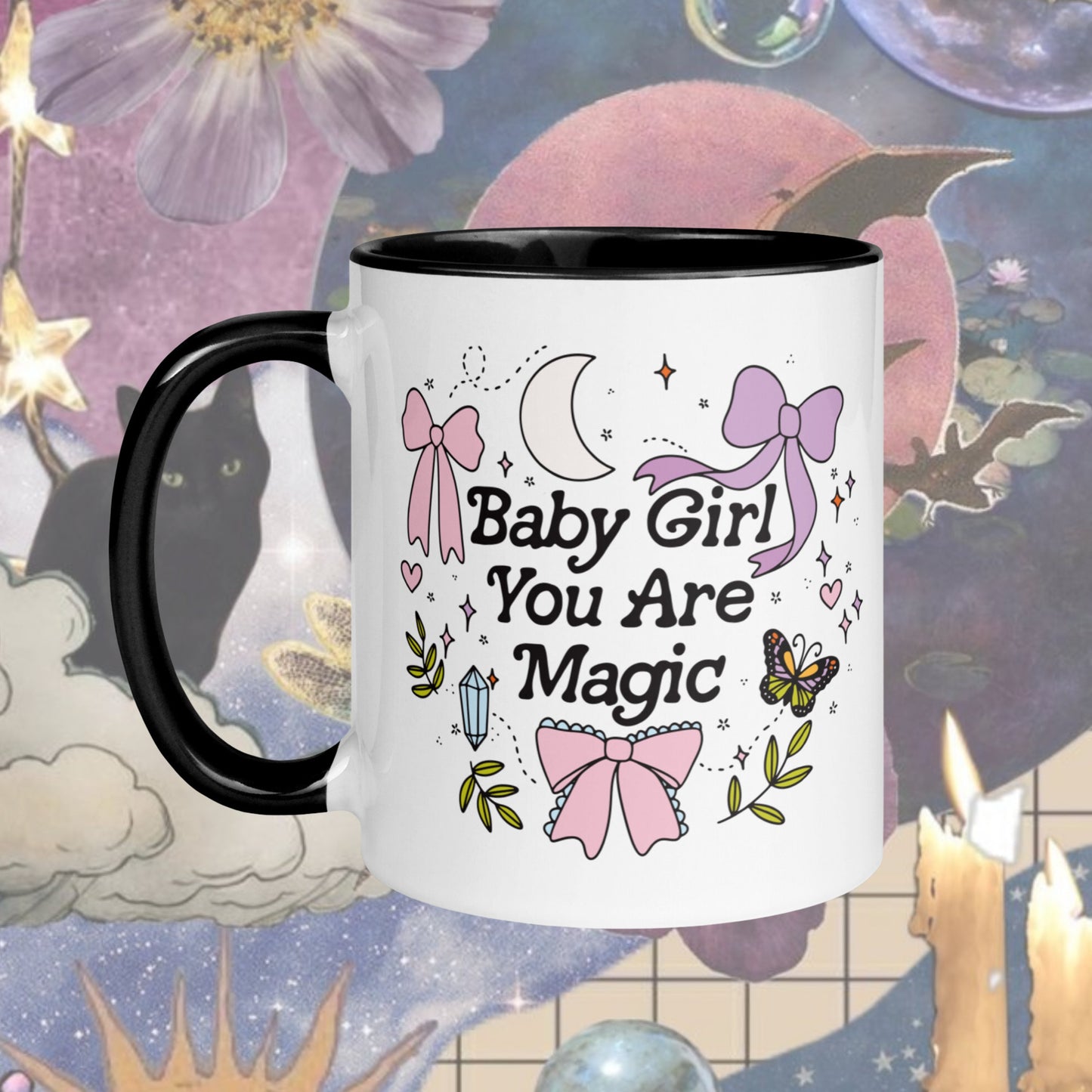 Baby Girl You are Magic Mug | Mystical Spring Mug | Witchy Celestial Aesthetic | Trendy Bows Coquette Girly | Moon Magic Positive Vibes