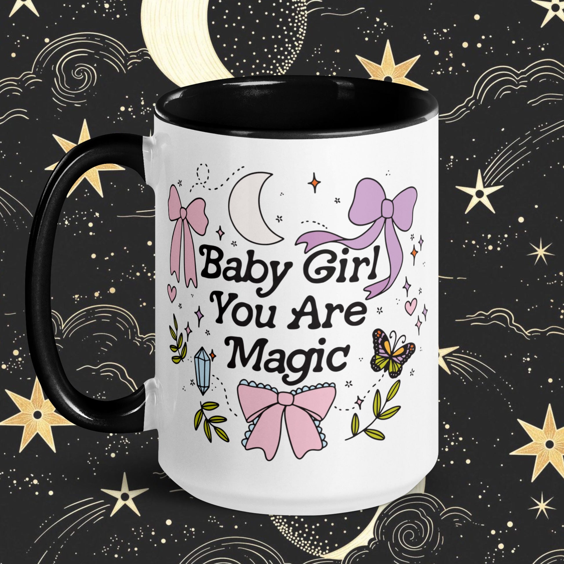 Baby Girl You are Magic Mug | Mystical Spring Mug | Witchy Celestial Aesthetic | Trendy Bows Coquette Girly | Moon Magic Positive Vibes