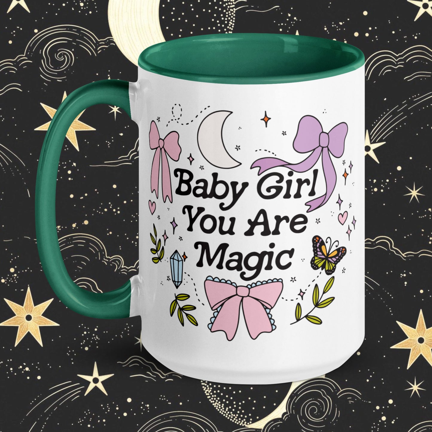 Baby Girl You are Magic Mug | Mystical Spring Mug | Witchy Celestial Aesthetic | Trendy Bows Coquette Girly | Moon Magic Positive Vibes