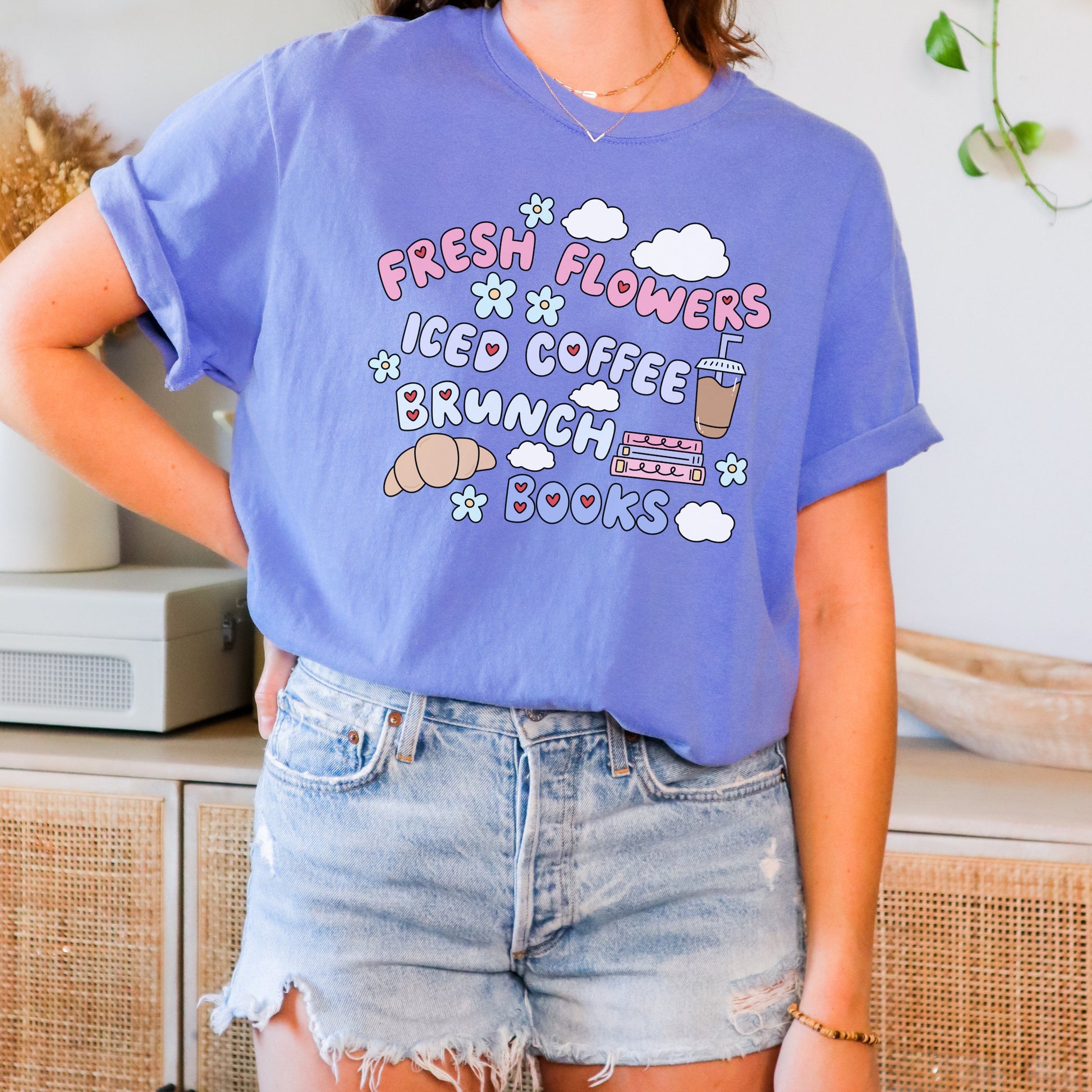 Iced Coffee Brunch and Books Tshirt | Trendy Bookish Merch | Spring and Summer Floral Shirt | Retro Coquette Style | Girly Apparel Gifts