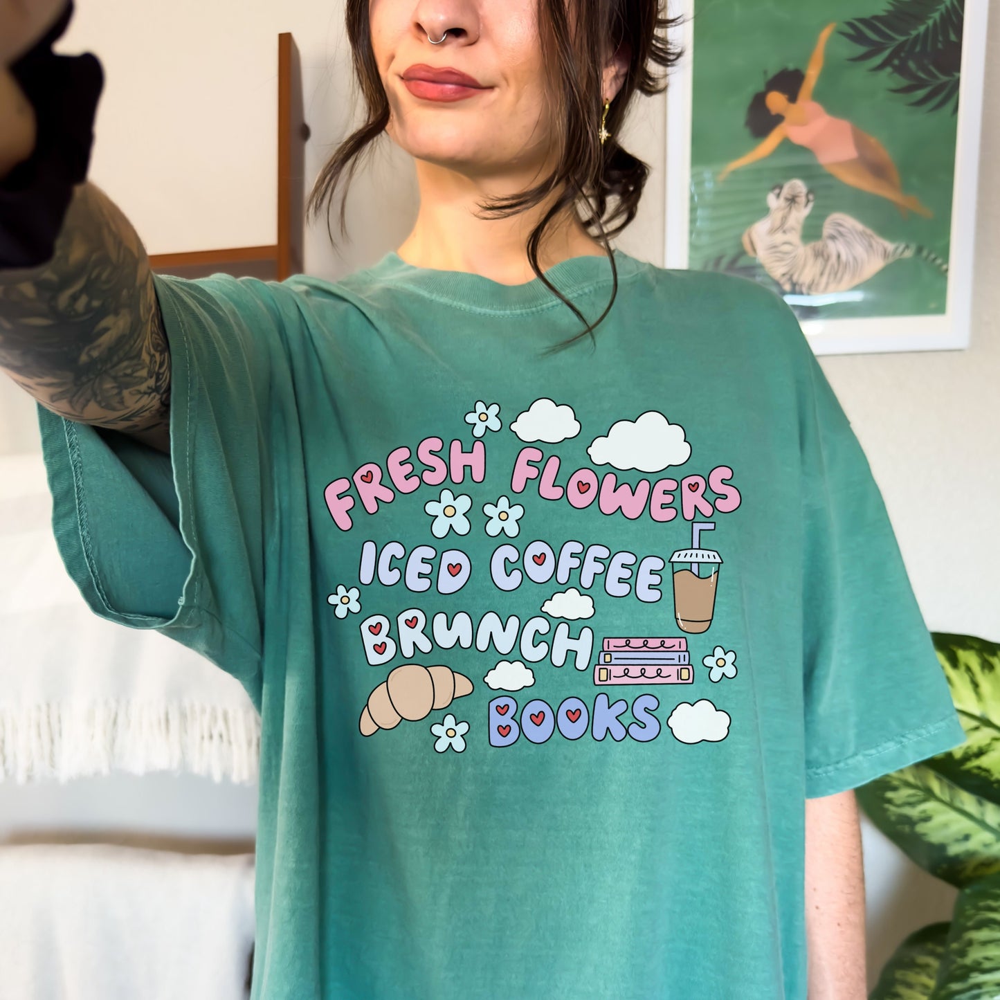 Iced Coffee Brunch and Books Tshirt | Trendy Bookish Merch | Spring and Summer Floral Shirt | Retro Coquette Style | Girly Apparel Gifts