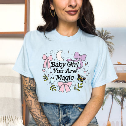 Baby Girl You are Magic Shirt | Coquette Girly Tee Shirt for Spring | Witchy Celestial Aesthetic | Trendy Shirts | Mystical Moon and Crystal