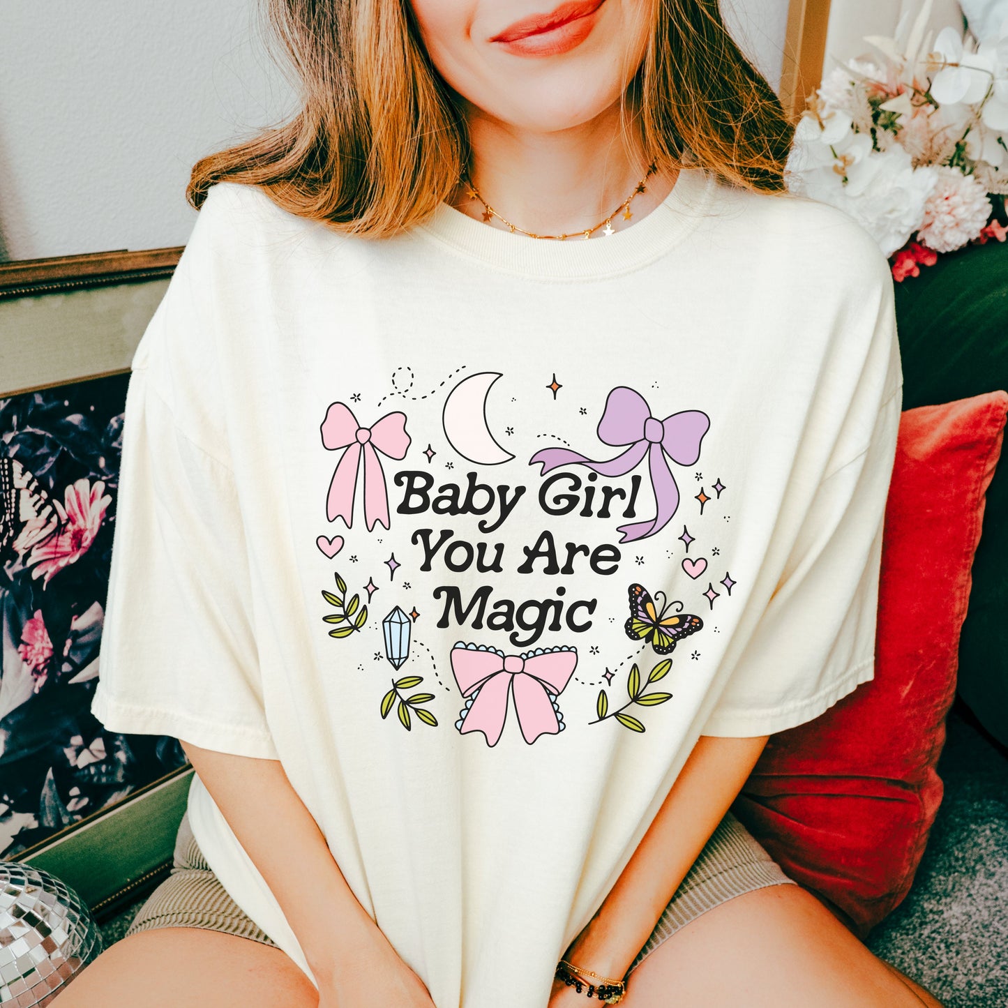 Baby Girl You are Magic Shirt | Coquette Girly Tee Shirt for Spring | Witchy Celestial Aesthetic | Trendy Shirts | Mystical Moon and Crystal