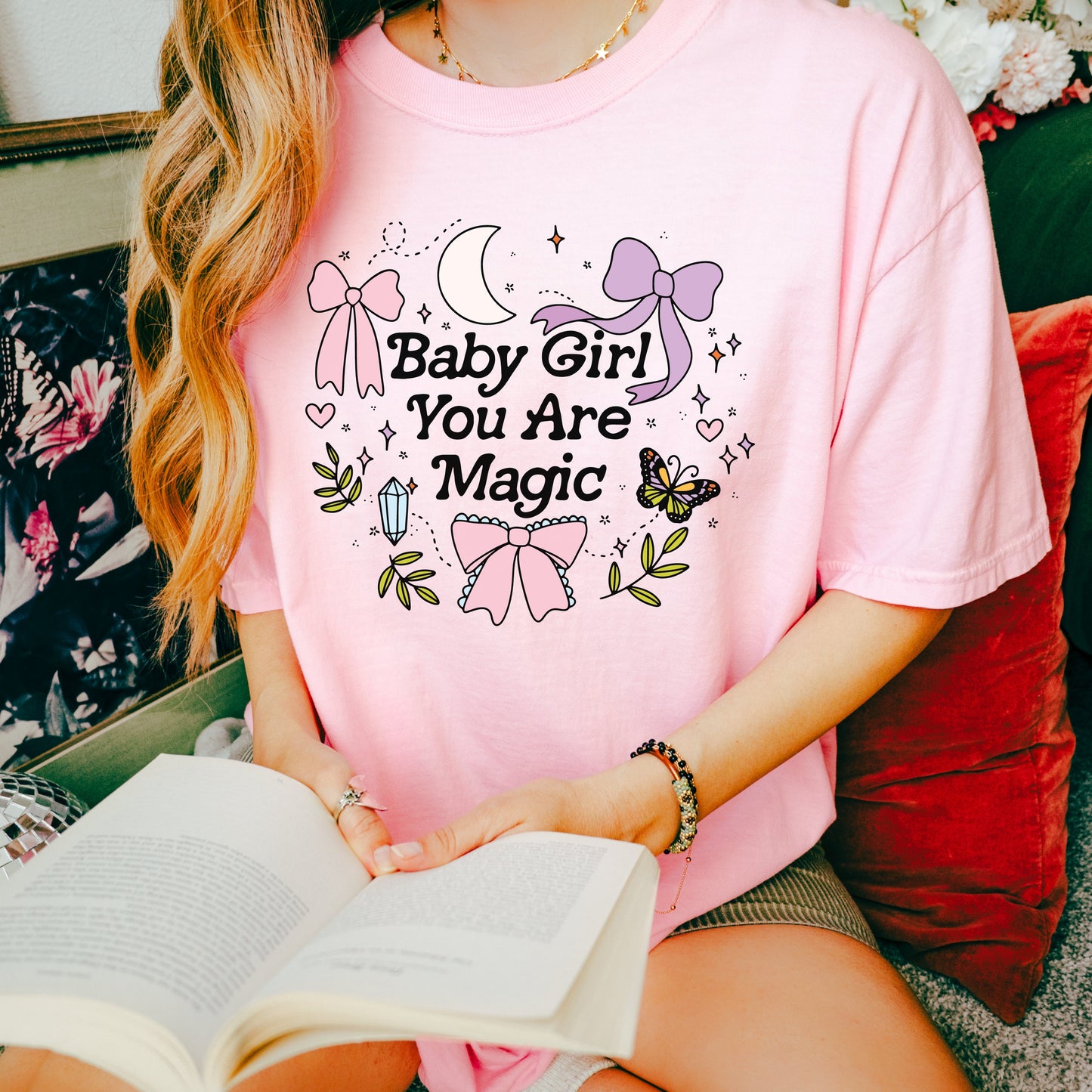 Baby Girl You are Magic Shirt | Coquette Girly Tee Shirt for Spring | Witchy Celestial Aesthetic | Trendy Shirts | Mystical Moon and Crystal