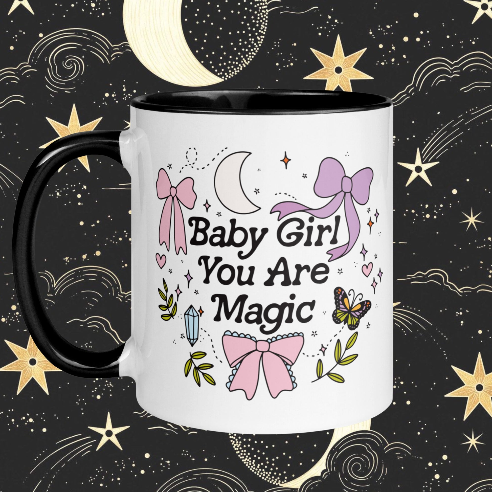 Baby Girl You are Magic Mug | Mystical Spring Mug | Witchy Celestial Aesthetic | Trendy Bows Coquette Girly | Moon Magic Positive Vibes