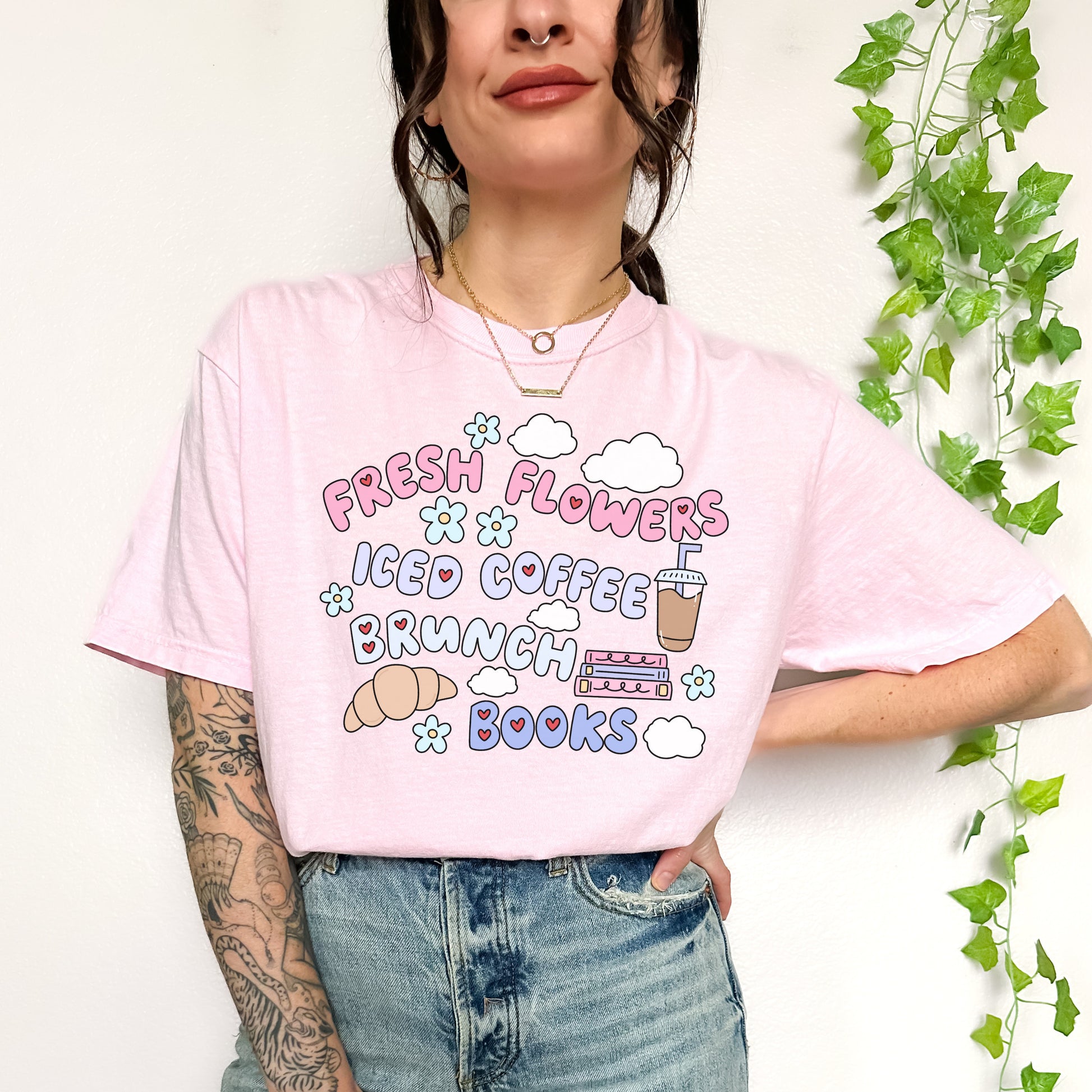 Iced Coffee Brunch and Books Tshirt | Trendy Bookish Merch | Spring and Summer Floral Shirt | Retro Coquette Style | Girly Apparel Gifts