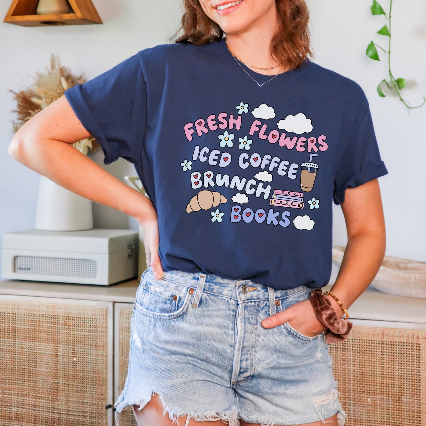 Iced Coffee Brunch and Books Tshirt | Trendy Bookish Merch | Spring and Summer Floral Shirt | Retro Coquette Style | Girly Apparel Gifts