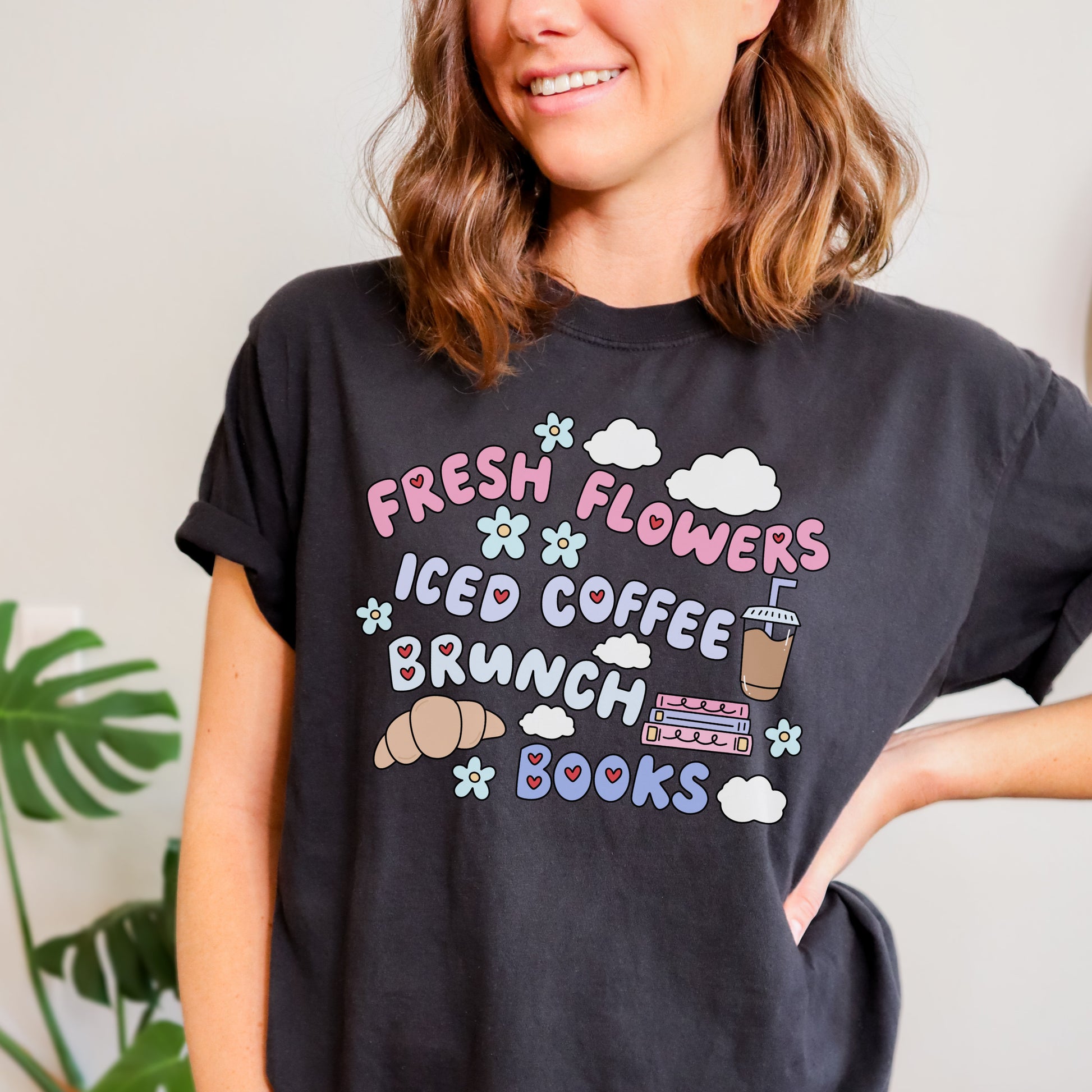 Iced Coffee Brunch and Books Tshirt | Trendy Bookish Merch | Spring and Summer Floral Shirt | Retro Coquette Style | Girly Apparel Gifts