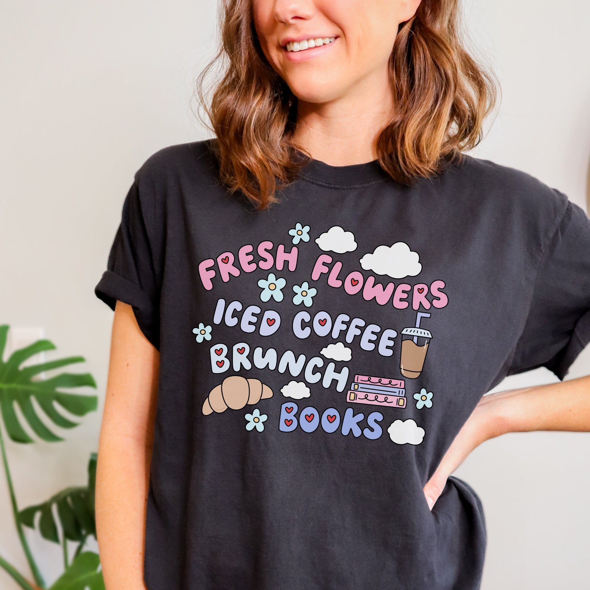 Iced Coffee Brunch and Books Tshirt | Trendy Bookish Merch | Spring and Summer Floral Shirt | hand lettering Coquette Girly Apparel