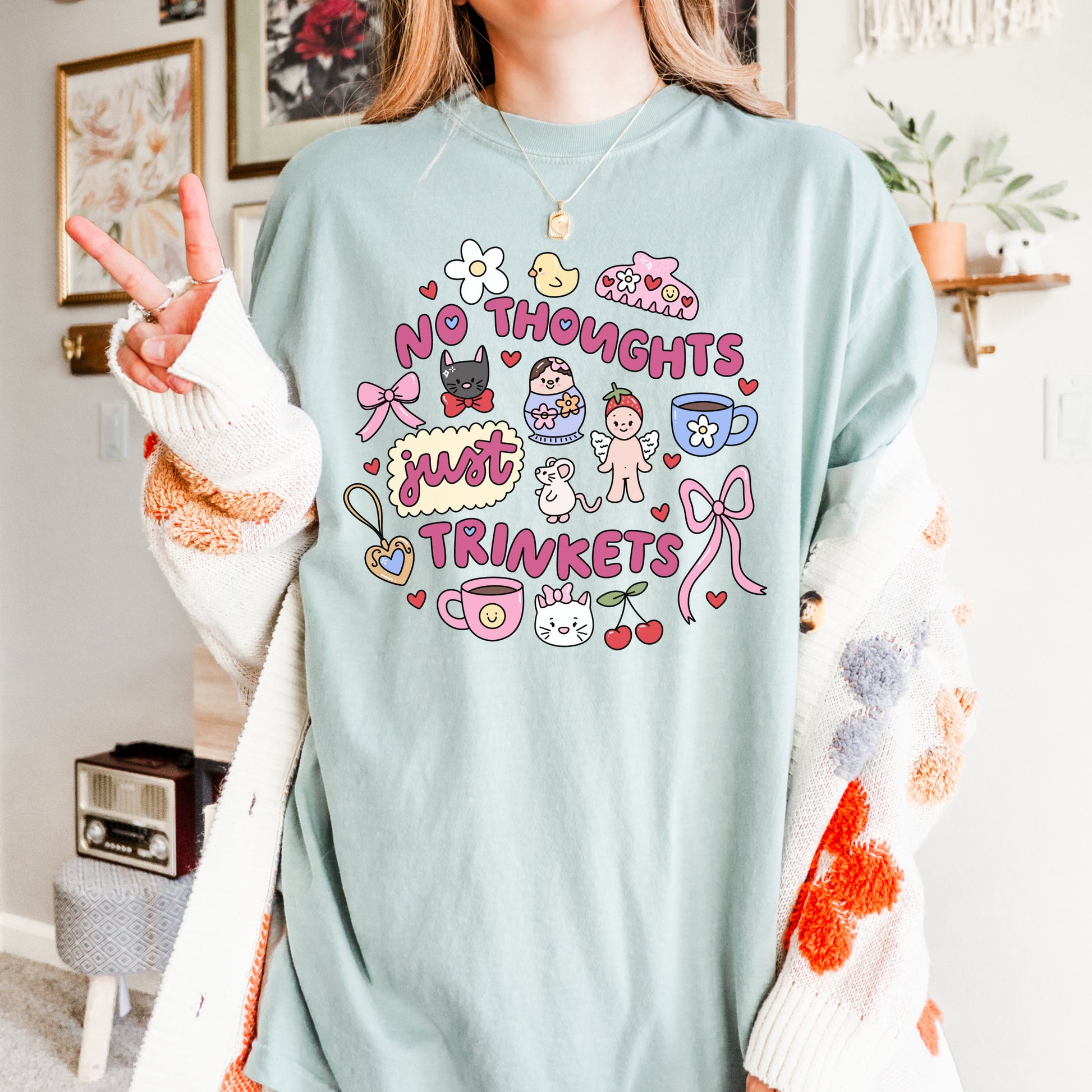 No Thoughts Just Trinkets Tshirt | Cute and Silly Quirky Tee Shirt | Trendy Doodle Shirt | Girly Hobbies Collection | Just A Girl Shirt