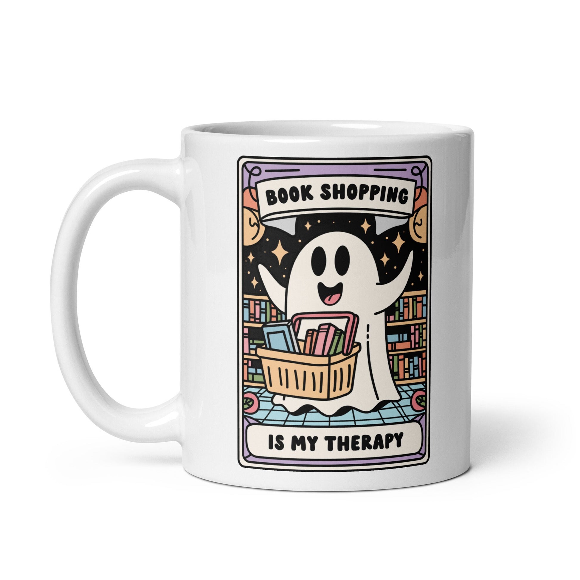 Spooky Bookish Coffee Mug | Book Shopping is my Theropy | Halloween Book Lover Mug | Cute Ghost Cup