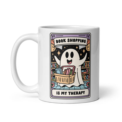 Spooky Bookish Coffee Mug | Book Shopping is my Theropy | Halloween Book Lover Mug | Cute Ghost Cup