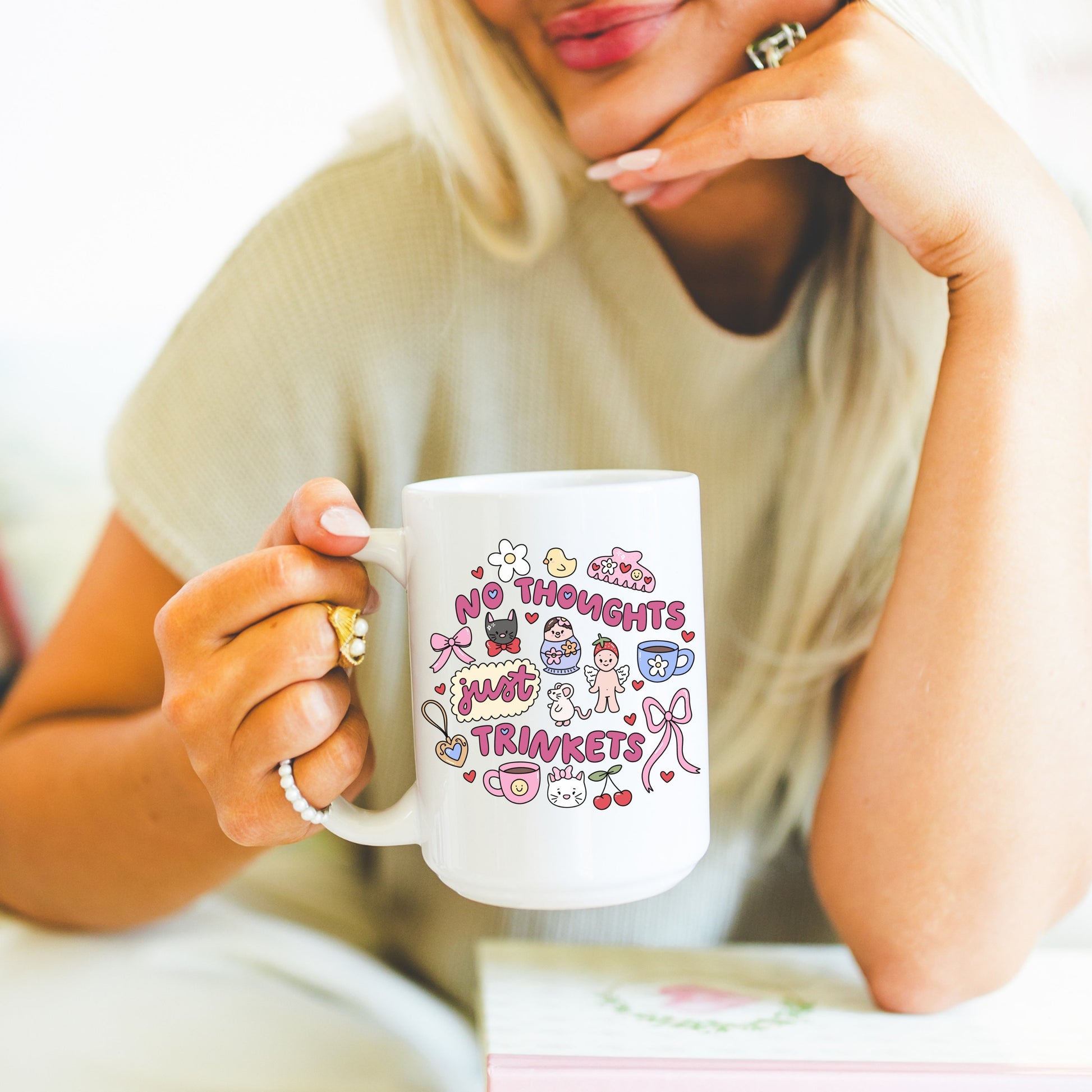 No Thoughts Just Trinkets mug | Cute and Silly Quirky Tee coffee cup | Trendy Doodle tea cup | goblin girls hobbie | cozy cottage core