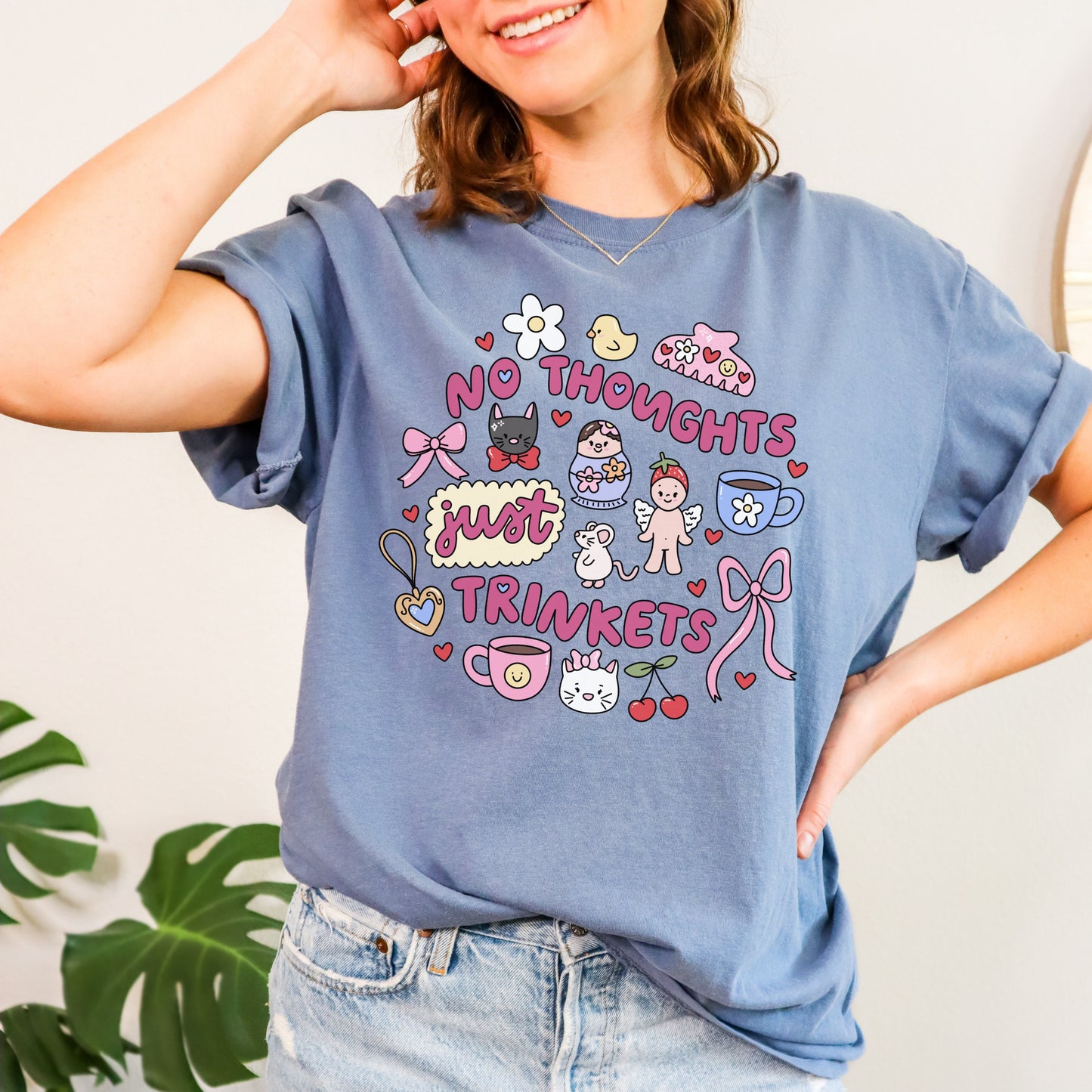 No Thoughts Just Trinkets Tshirt | Cute and Silly Quirky Tee Shirt | Trendy Doodle Shirt | Girly Hobbies Collection | Just A Girl Shirt