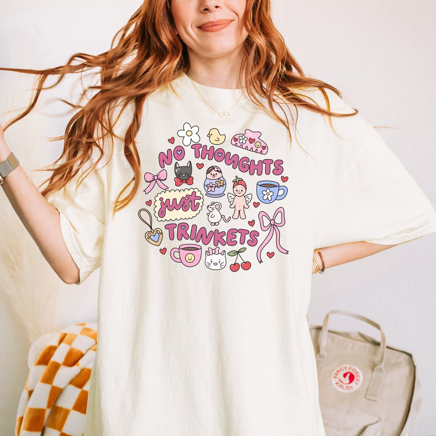 No Thoughts Just Trinkets Tshirt | Cute and Silly Quirky Tee Shirt | Trendy Doodle Shirt | Girly Hobbies Collection | Just A Girl Shirt