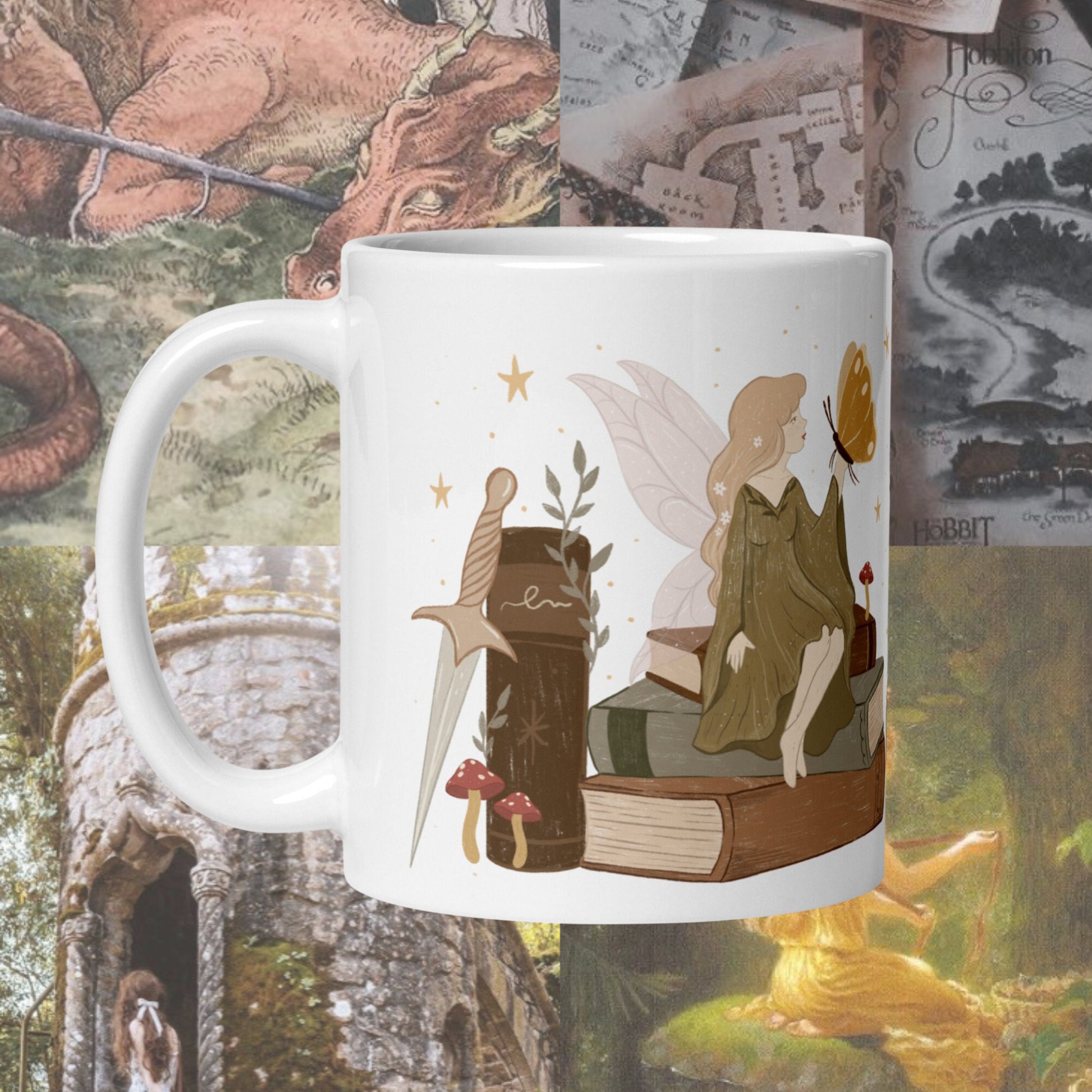 Cozy Fantasy Reader Bookish Mug | Fall Fairy Dragon Bookshelf Coffee mug | Romantacy Reader Gift | Reading Tea Cup | cottagecore fairycore