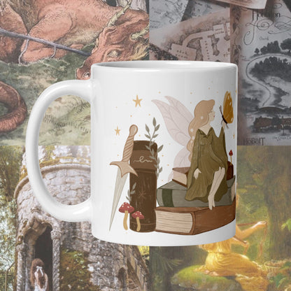 Cozy Fantasy Reader Bookish Mug | Fall Fairy Dragon Bookshelf Coffee mug | Romantacy Reader Gift | Reading Tea Cup | cottagecore fairycore