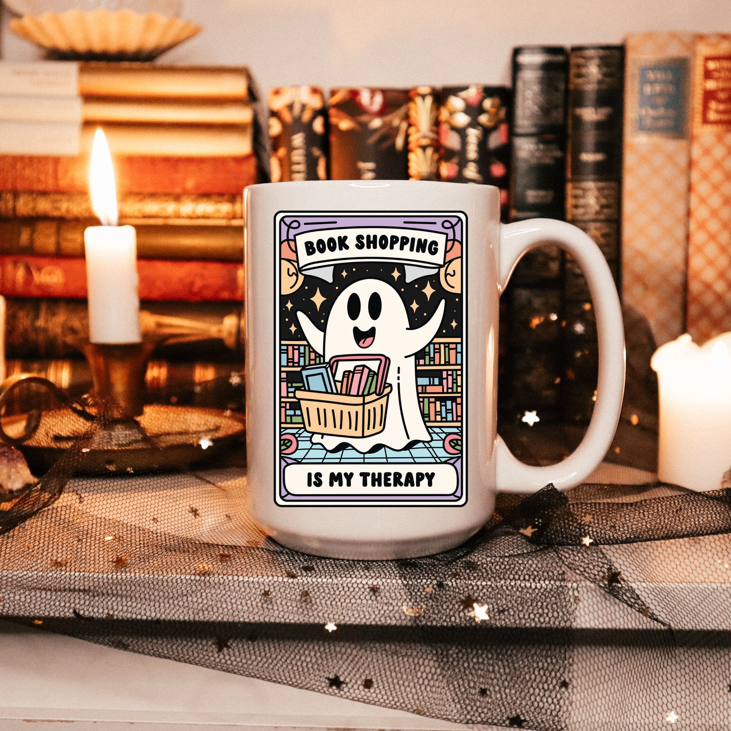 Spooky Bookish Coffee Mug | Book Shopping is my Therapy | Halloween Book Lover Mug | Cute Ghost Cup | Book Addict Bookworm Gifts