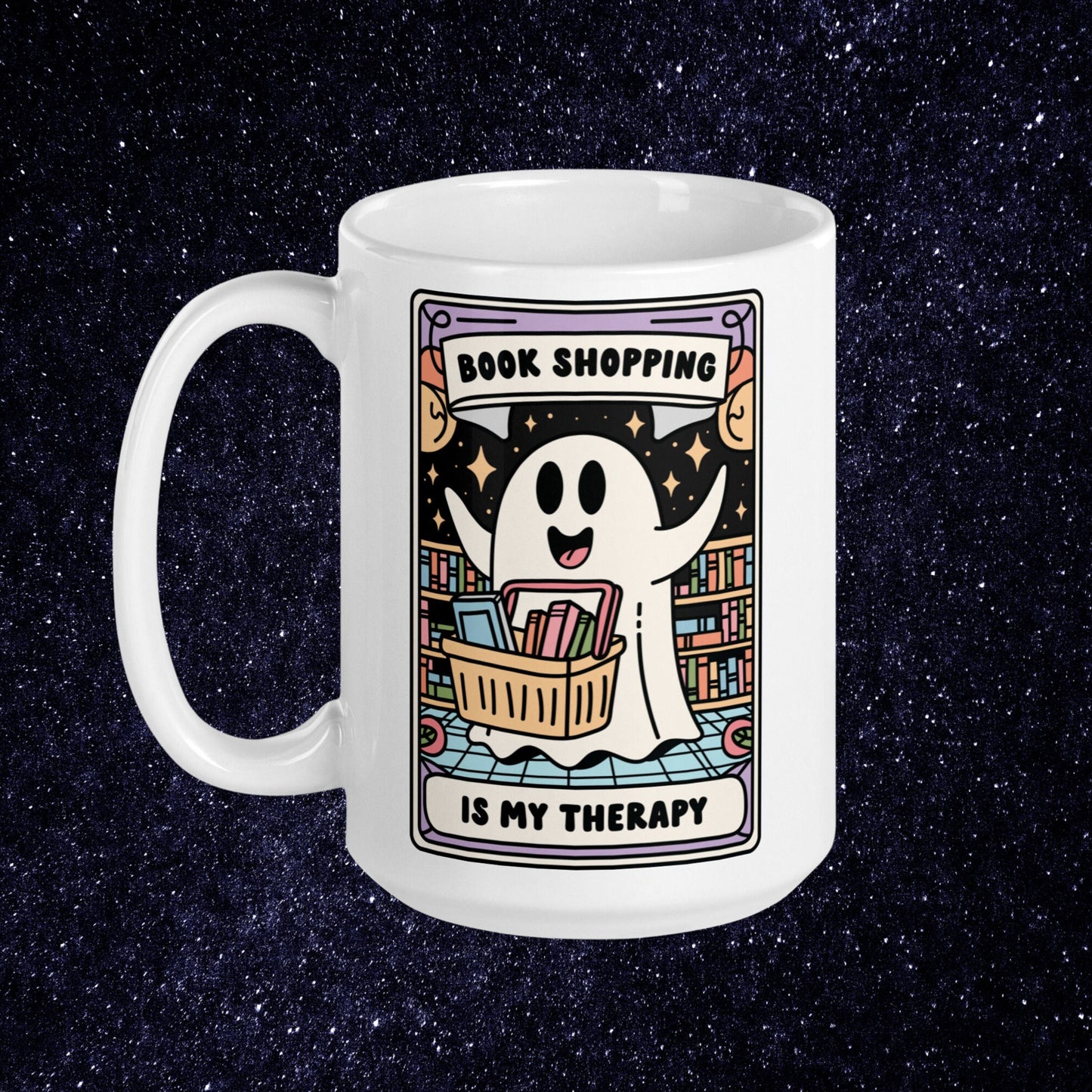 Spooky Bookish Coffee Mug | Book Shopping is my Therapy | Halloween Book Lover Mug | Cute Ghost Cup | Book Addict Bookworm Gifts