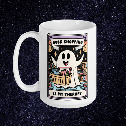 Spooky Bookish Coffee Mug | Book Shopping is my Therapy | Halloween Book Lover Mug | Cute Ghost Cup | Book Addict Bookworm Gifts