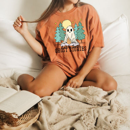 Lets Tell Ghost Stories Tshirt | Bookish Halloween shirt | Spooky Cute Ghost Cup | Horror Reader Gift | Cozy Fall reading tee | Autumn Lover