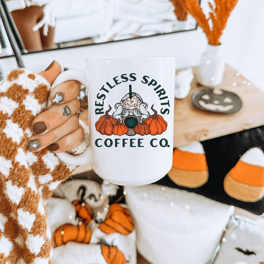 Restless Spirits Coffee Co | Spooky Cute Halloween Mug | Ghosts and Pumpkins Mug | Cozy Autumn Fall Coffee Cup | Halloween Lover Gift