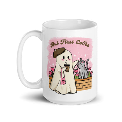 But first Coffee Spooky Cute Ghost Mug | Halloween Lover Coffee Cup | Spooky Season Cozy Fall Mug | Halloween Lover Gift | Kawaii Cute Ghost