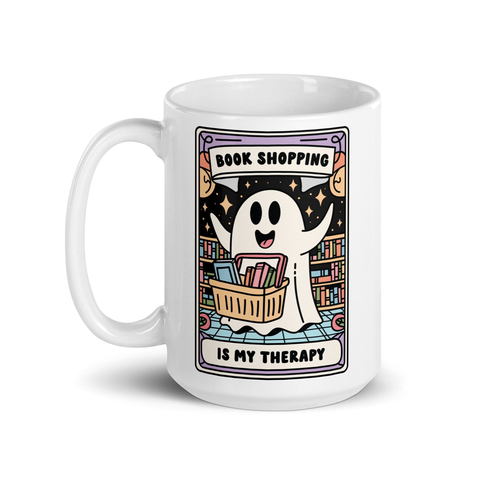 Spooky Bookish Coffee Mug | Book Shopping is my Theropy | Halloween Book Lover Mug | Cute Ghost Cup