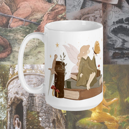 Cozy Fantasy Reader Bookish Mug | Fall Fairy Dragon Bookshelf Coffee mug | Romantacy Reader Gift | Reading Tea Cup | cottagecore fairycore