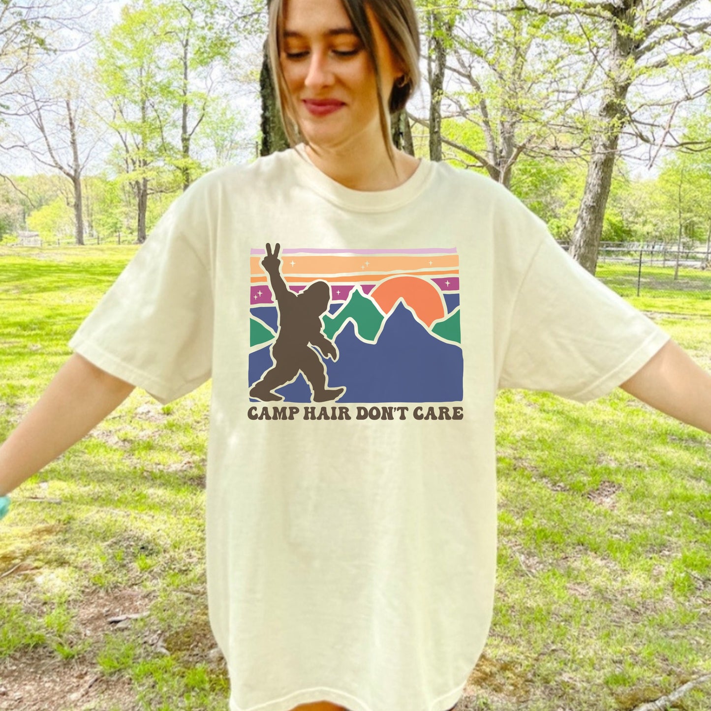 Camp hair don’t Care tshirt | Cute Camping Shirt | Big Foot Outdoorsy Shirt | Adventure and Travel Lover | Earthy Vibes Outdoor Lover gift