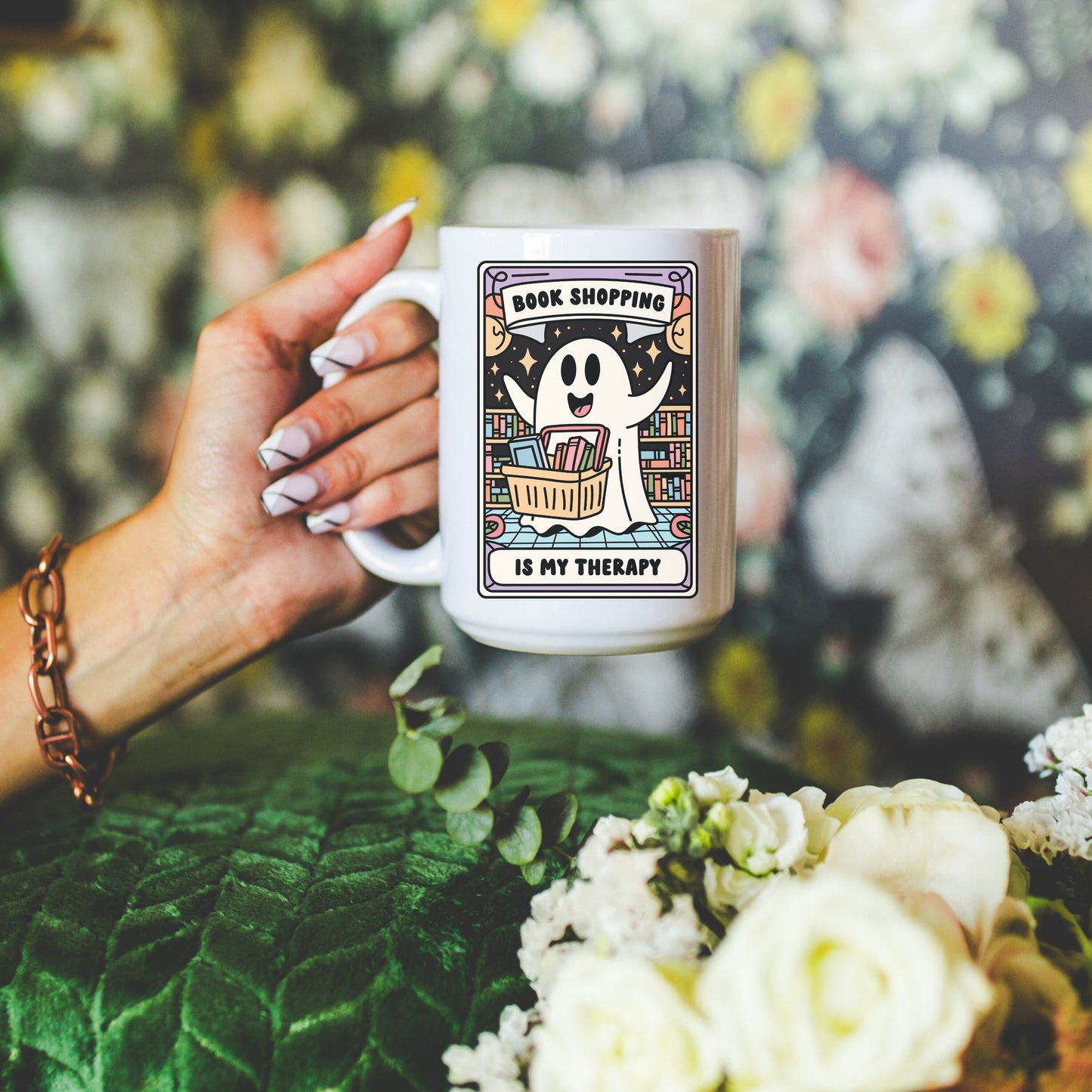 Spooky Bookish Coffee Mug | Book Shopping is my Therapy | Halloween Book Lover Mug | Cute Ghost Cup | Book Addict Bookworm Gifts