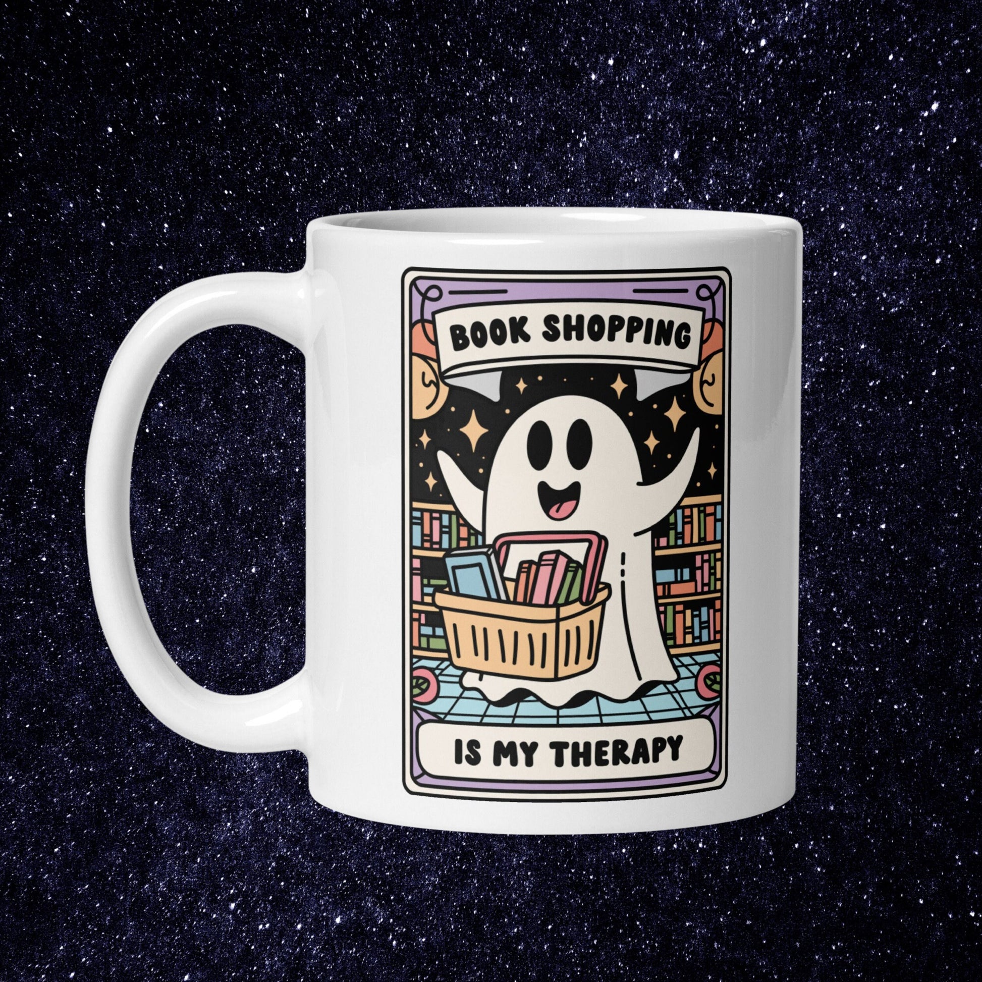 Spooky Bookish Coffee Mug | Book Shopping is my Therapy | Halloween Book Lover Mug | Cute Ghost Cup | Book Addict Bookworm Gifts